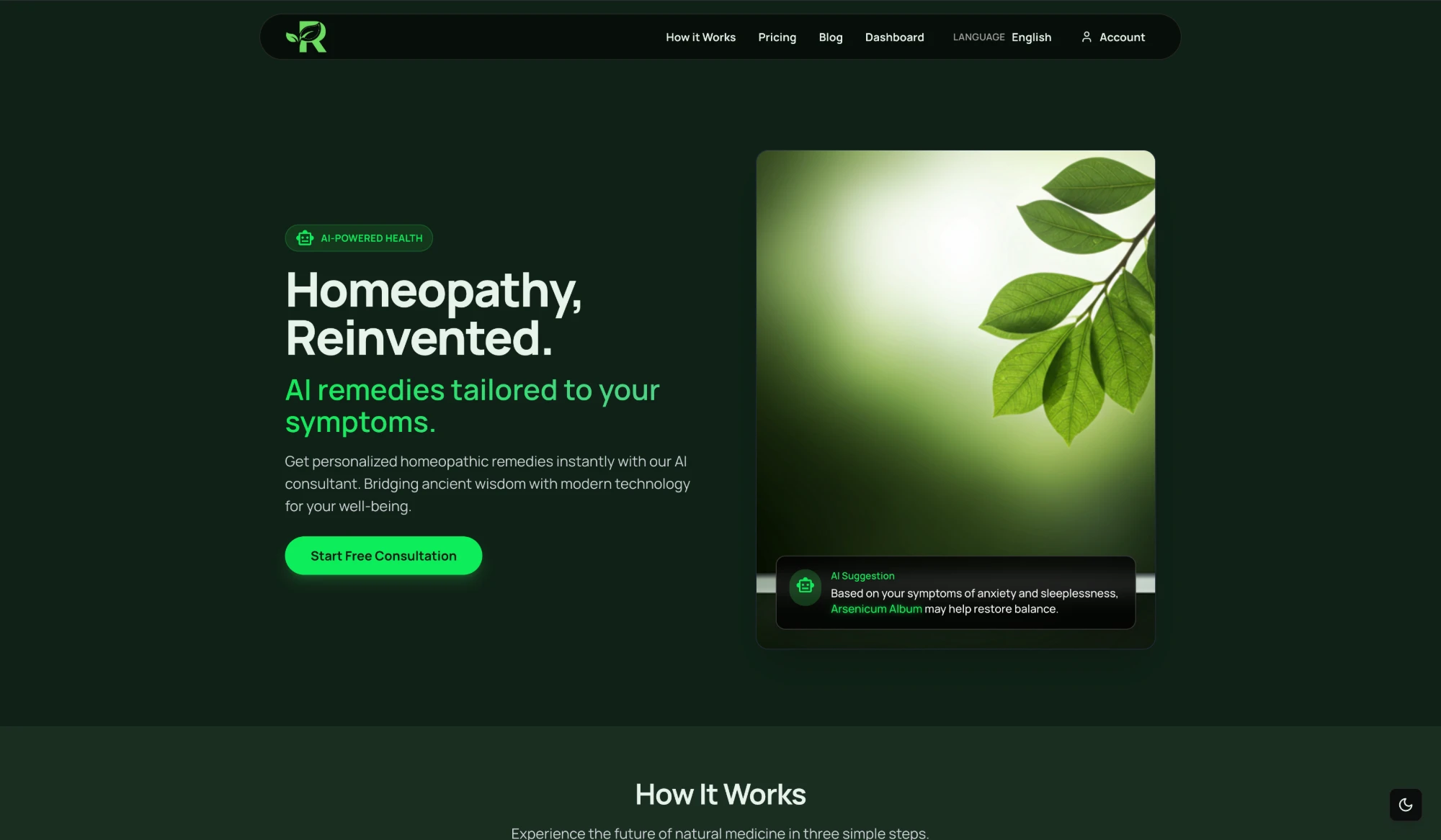 Remedica homepage: "Homeopathy, Reinvented." with an AI remedy suggestion card