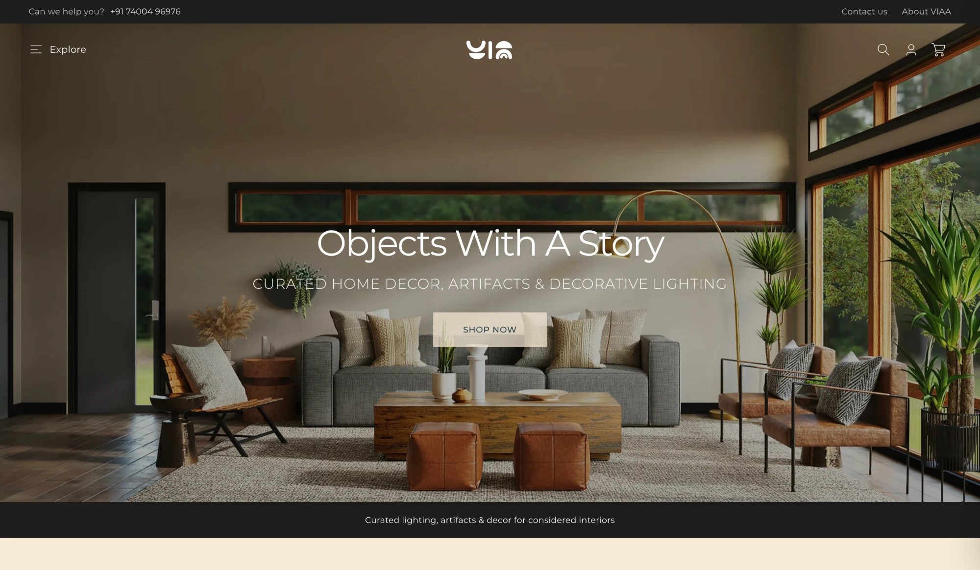 Viaa Home Decor homepage: a living room with the headline "Objects With A Story" and a Shop Now button